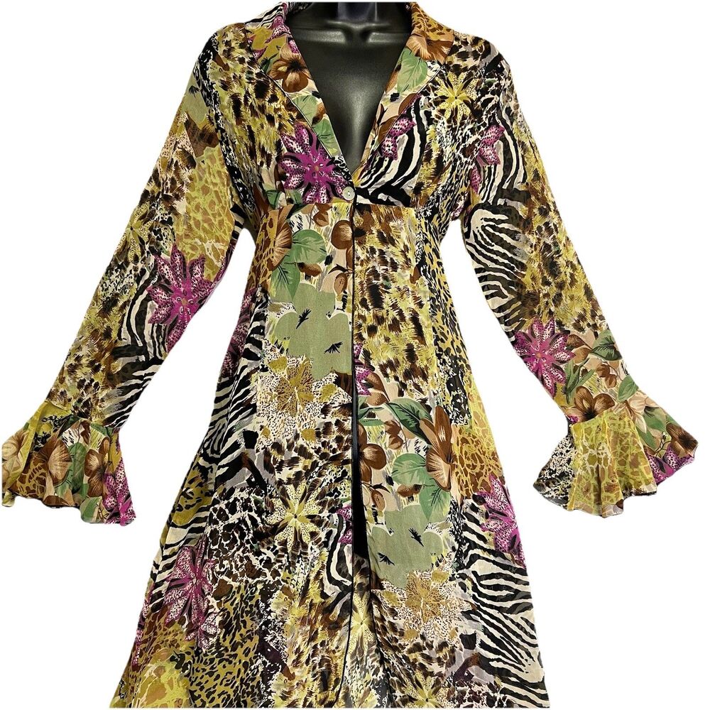 Midnight Velvet Animal Print Floral Sheer Duster Cover Up Bell Sleeve NWT Y2K S